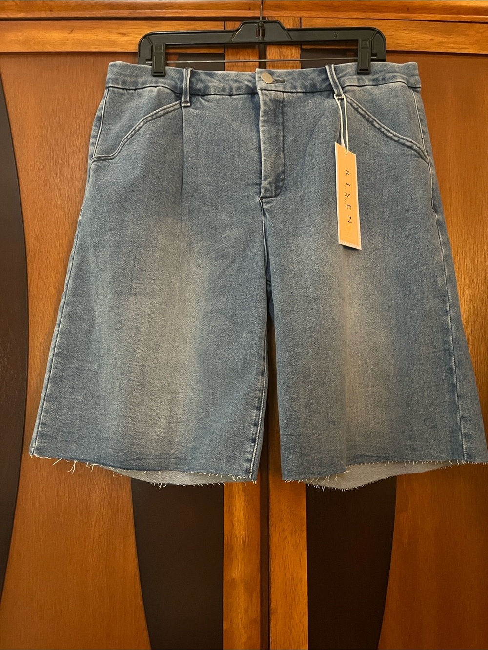 NWT Risen Light Blue Denim Bermuda Shorts w/Front Pleats & Raw Edge Hem
